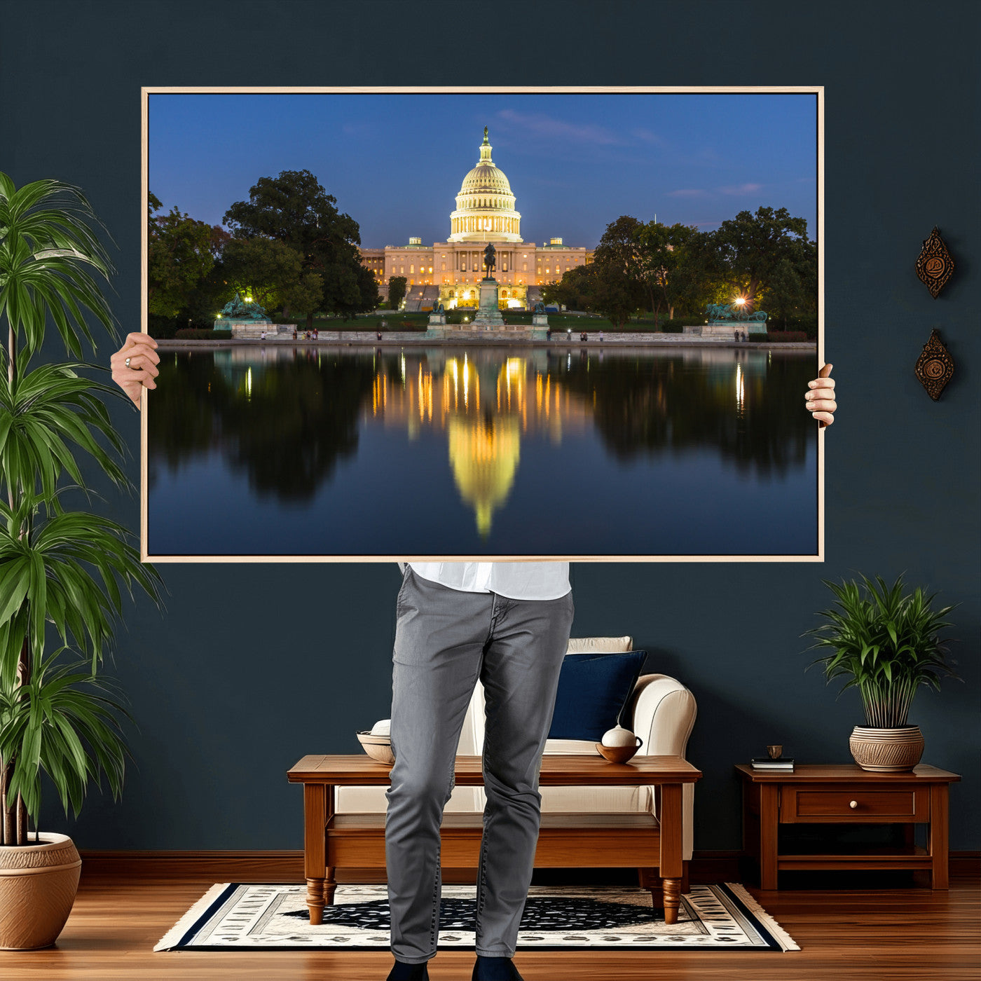 95568590-MGV-CV-36X24 - US Capitol Building Wall Art Canvas Print – Washington DC Landmark Night Reflection Artwork for Office Decor