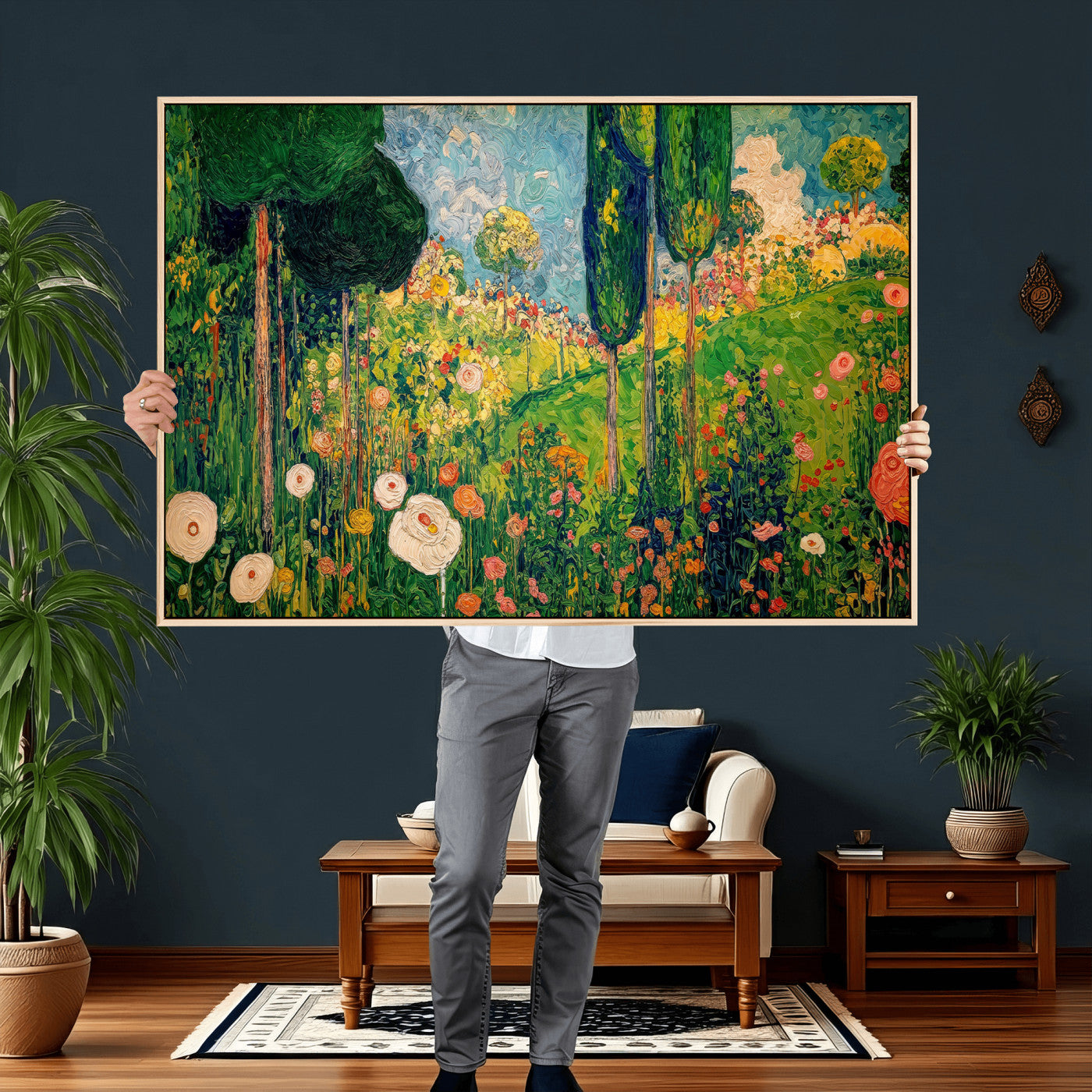 83517974-MGV-CV-36X24 - Gustav Klimt Boho Mountain Landscape Large Wall Art, Horizontal Gold Framed Canvas Print with Sun and Flowers