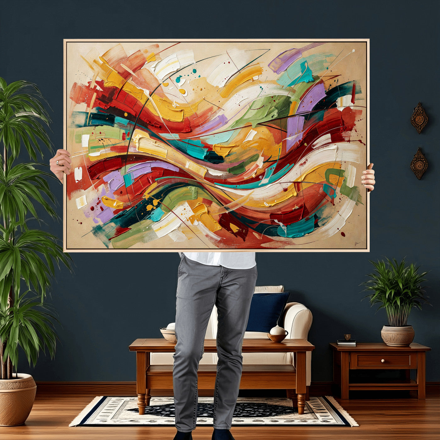 39887645-MGV-CV-36X24 - Geometric Abstract Wall Art Canvas Print, Orange Blue Abstract Expressionist Painting Print, Modern Geometric Abstract Canvas Art
