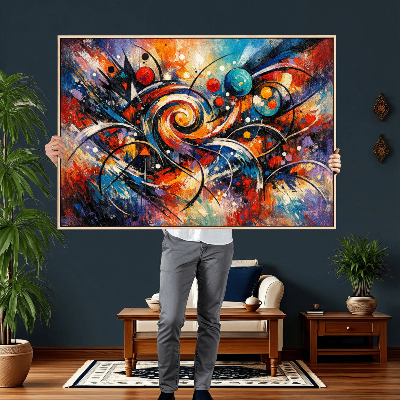 60193267-MGV-CV-36X24 - Geometric Abstract Wall Art Canvas Print, Orange Blue Abstract Expressionist Painting Print, Modern Geometric Abstract Canvas Art