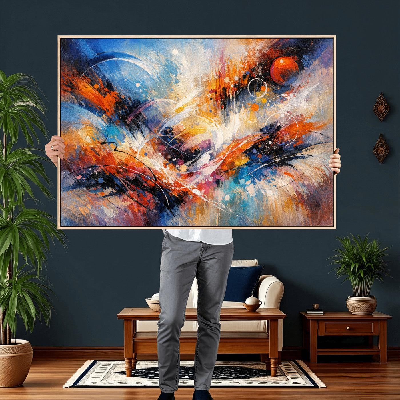 47770355-MGV-CV-36X24 - Geometric Abstract Wall Art Canvas Print, Orange Blue Abstract Expressionist Painting Print, Modern Geometric Abstract Canvas Art