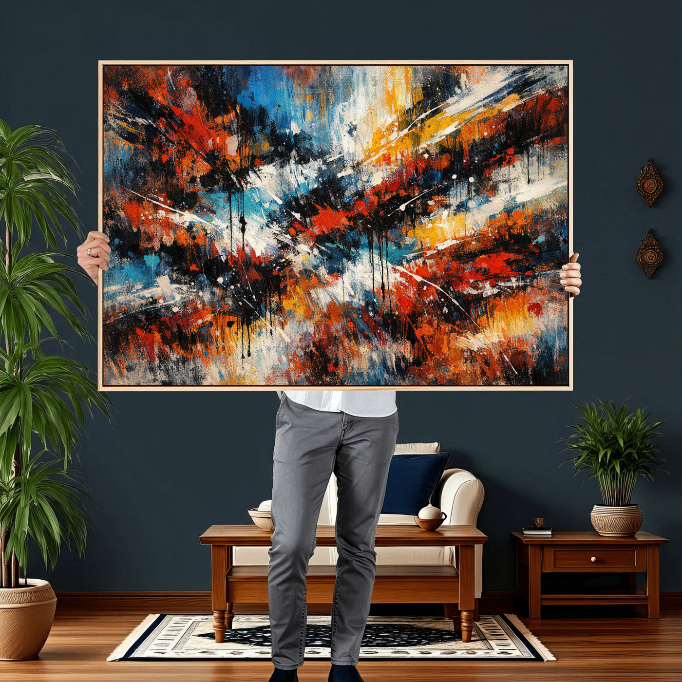 80276069-MGV-CV-36X24 - Geometric Abstract Wall Art Canvas Print, Orange Blue Abstract Expressionist Painting Print, Modern Geometric Abstract Canvas Art