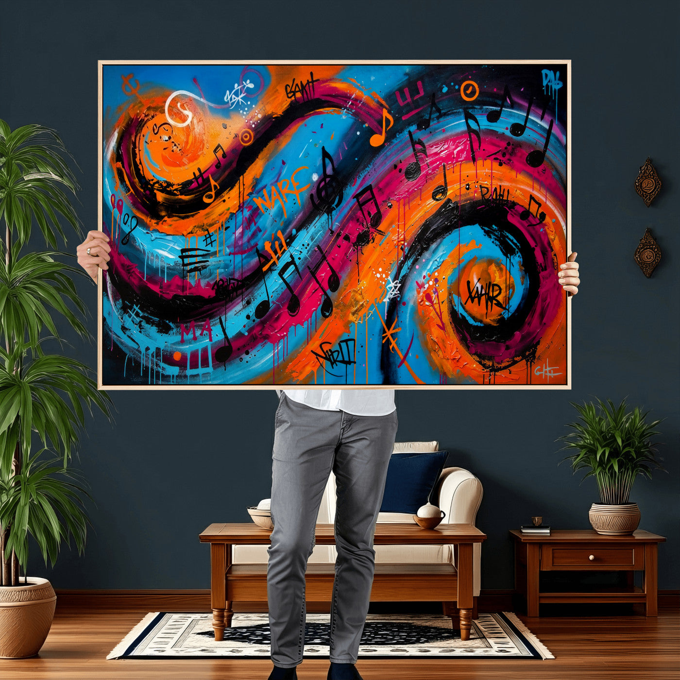 34936518-MGV-CV-36X24 - Geometric Abstract Wall Art Canvas Print, Orange Blue Abstract Expressionist Painting Print, Modern Geometric Abstract Canvas Art