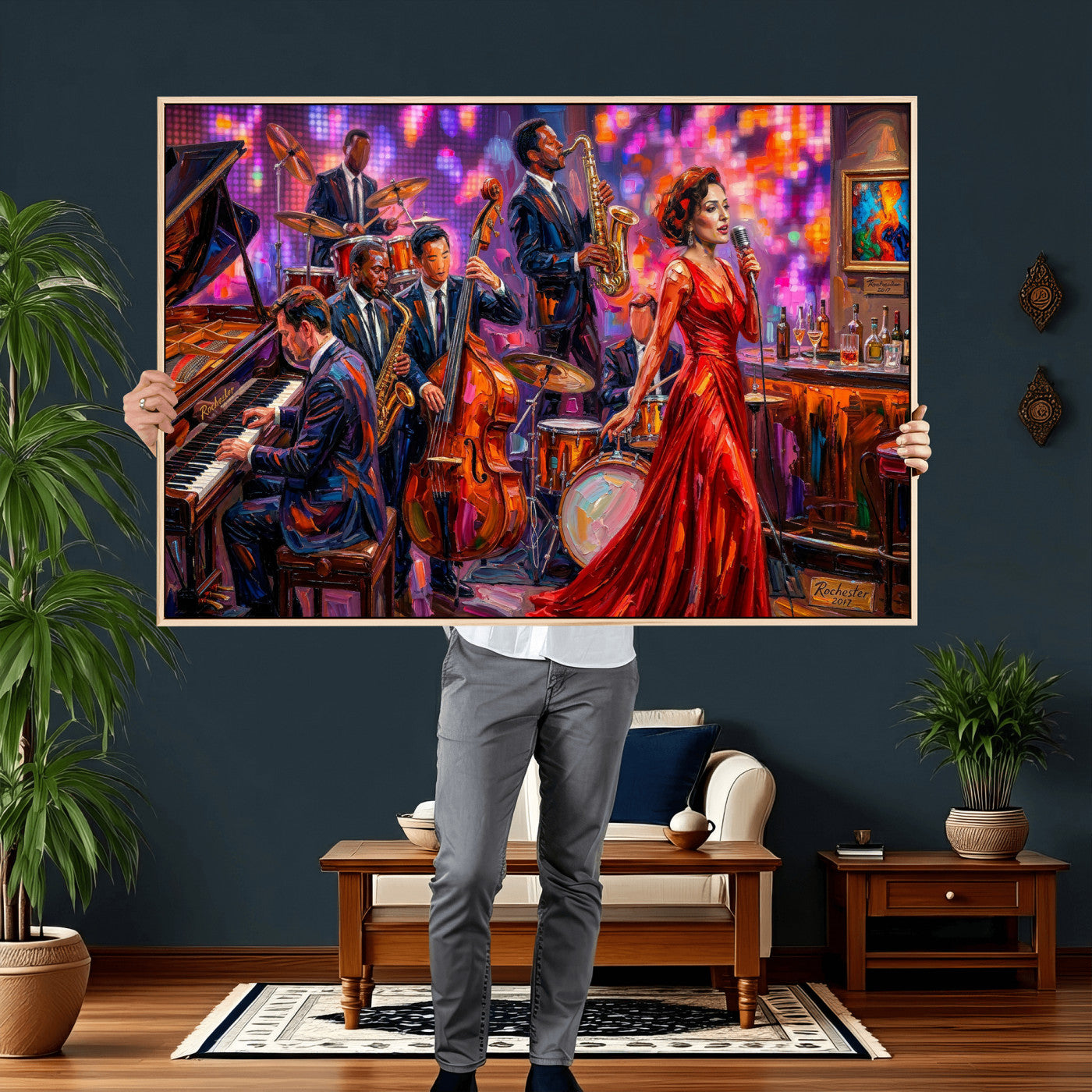 620930J20-MGV-CV-36X24 - Jazz Band Canvas Wall Art — Jazz Club Singer Saxophone Print | Music Wall Decor | Bar Restaurant Art | Music Lover Gift | Jazz Home Decor