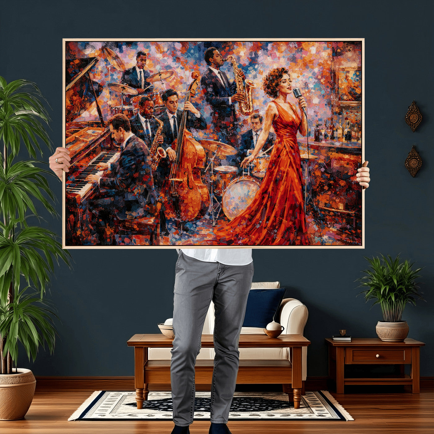 620930SF20-MGV-CV-36X24 - Jazz Band Canvas Wall Art — Jazz Club Singer Saxophone Print | Music Wall Decor | Bar Restaurant Art | Music Lover Gift | Jazz Home Decor