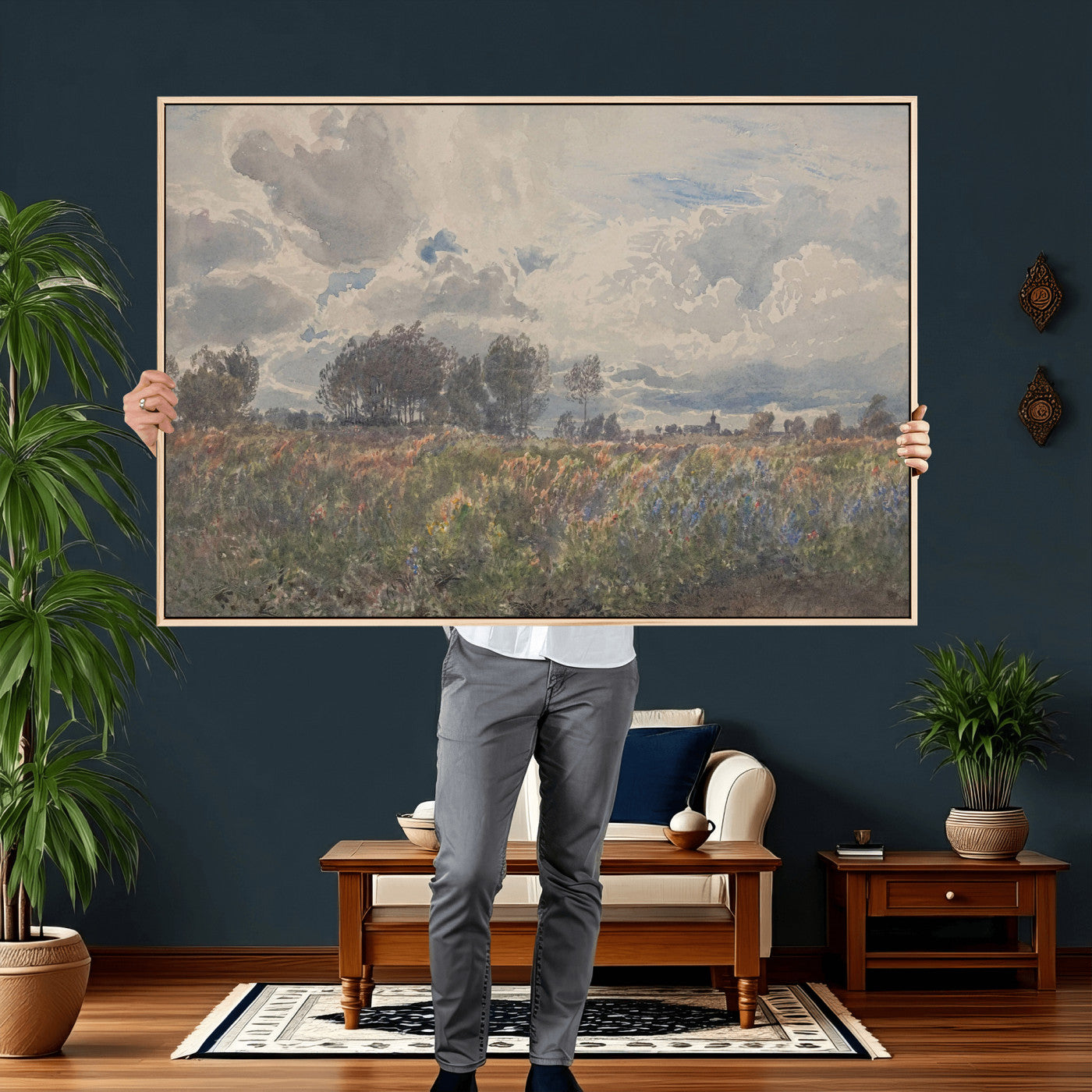 76626885-MGV-CV-36X24 - Vintage Watercolor Meadow Canvas Wall Art — English Pastoral Wildflower Storm Sky Print | Cottagecore Nature Decor | Classic Landscape Gift