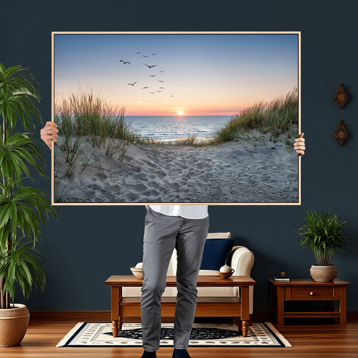 12172032-MGV-CV-36X24 - Sandy Dune Path Sunset Canvas Wall Art — Seagulls Beach Ocean Photography Print | Coastal Home Decor | Nautical Wall Art | Beach House Gift