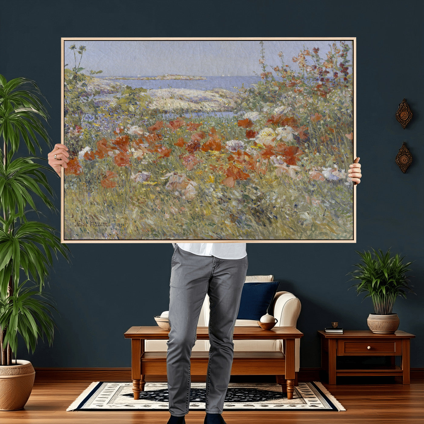54770907-MGV-CV-36X24 - Childe Hassam Celia Thaxter Garden Canvas — 1890 American Impressionist Poppy Floral Print | Isles of Shoals Coastal Art | Classic Gift