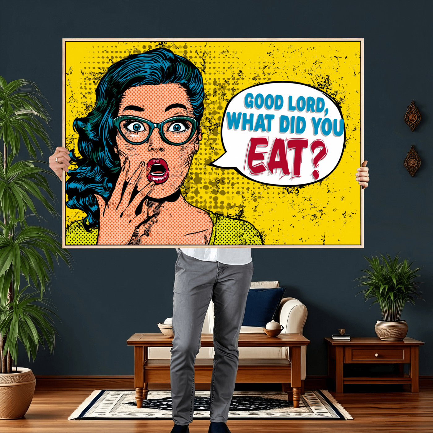 88217969-MGV-CV-36X24 - Pop Art Print Bathroom Sign Wall Art Canvas Print — Funny Bathroom Canvas | Comic Style Toilet Wall Decor | Humor Gift | Yellow Bold Bathroom Art