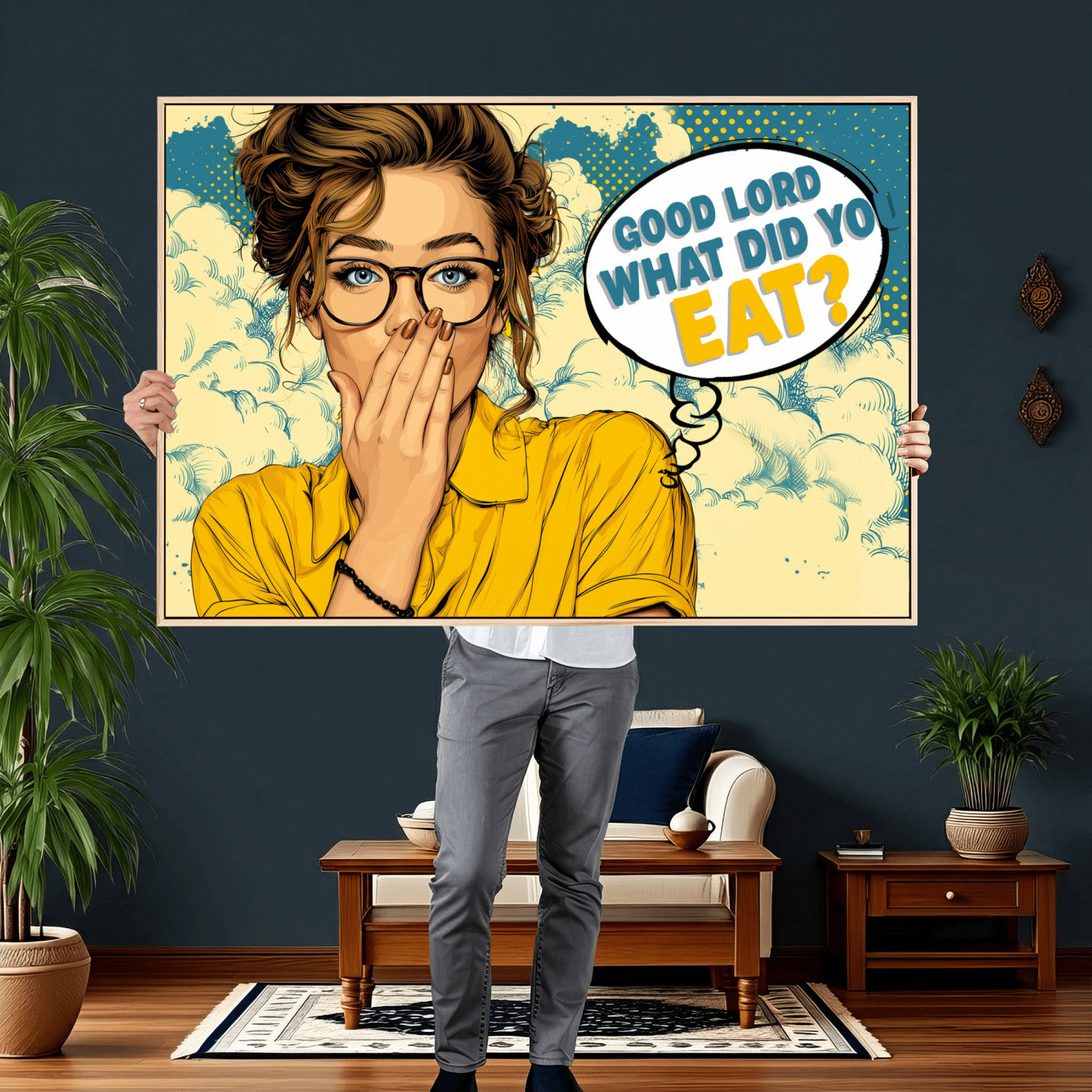 35819669-MGV-CV-36X24 - Pop Art Print Bathroom Sign Wall Art Canvas Print — Funny Bathroom Canvas | Comic Style Toilet Wall Decor | Humor Gift | Yellow Bold Bathroom Art