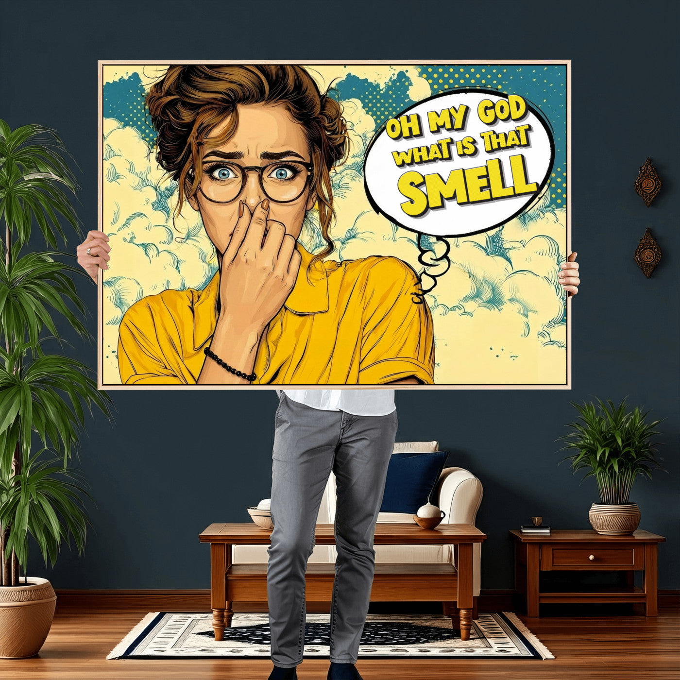 B79156505-MGV-CV-36X24 - Pop Art Print Bathroom Sign Wall Art Canvas Print — Funny Bathroom Canvas | Comic Style Toilet Wall Decor | Humor Gift | What is that Smell