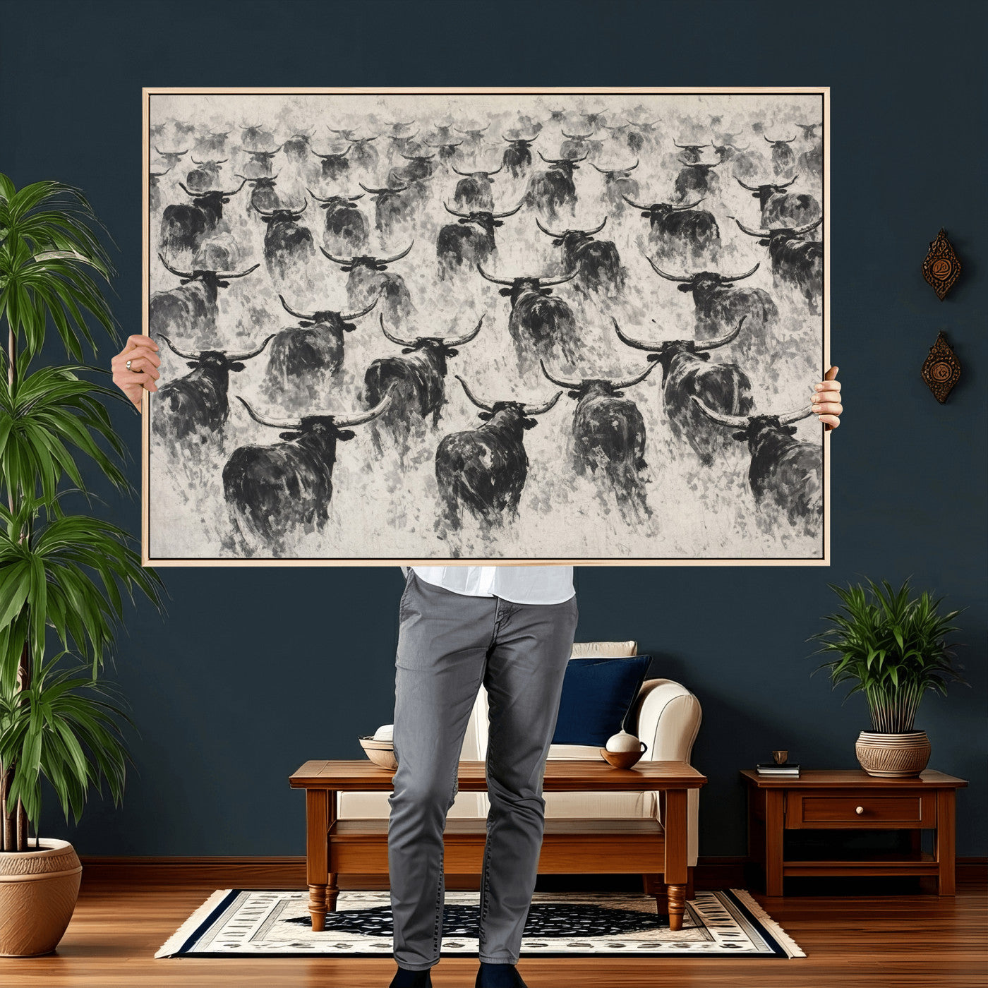 73328525-MGV-CV-36X24 - Texas Longhorn Drawing Canvas Wall Art, Western Cattle Stampede Painting Print, Warm Amber Ranch Decor, Rustic Cowboy Home Art, Large Living Room Decor