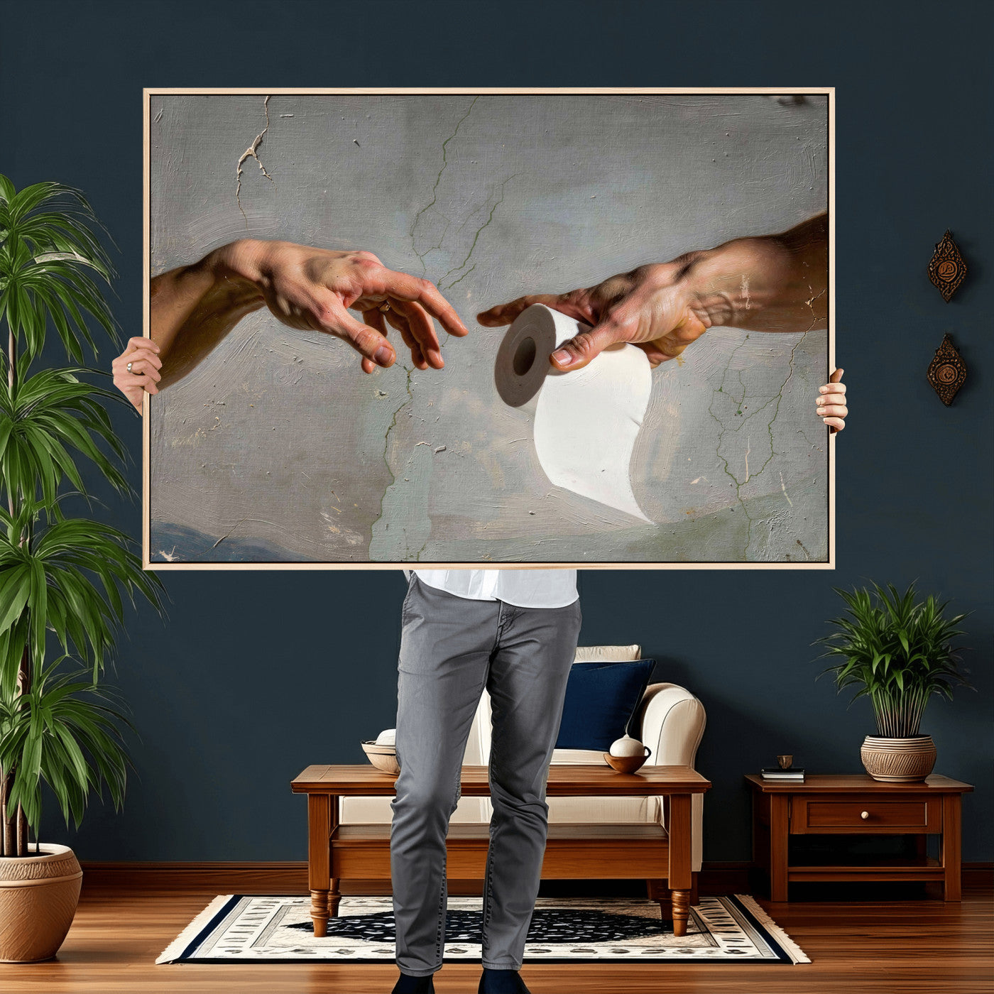 72030048-MGV-CV-36X24 - Funny Bathroom Wall Art Canvas, Creation of Toilet Paper Parody Print, Renaissance Humor Decor, Toilet Room Art, Quirky Housewarming Gift, Classic Art Spoof