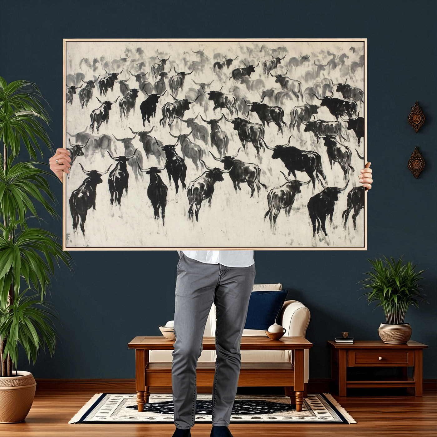 68669792-MGV-CV-36X24 - Longhorn Cattle Canvas Wall Art, Black White Stampede Ink Painting Print, Western Farmhouse Decor, Bull Herd Art, Large Living Room Wall Art, Ranch Home Decor
