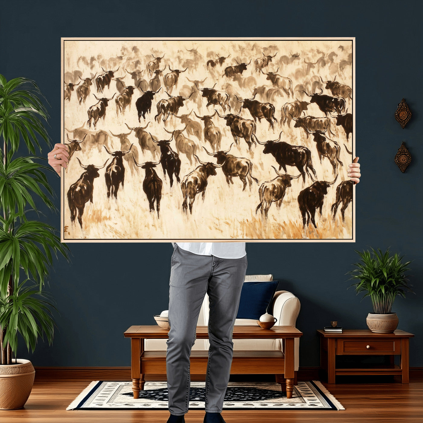 39077774-MGV-CV-36X24 - Texas Longhorn Sepia Canvas Wall Art, Western Cattle Stampede Painting Print, Warm Amber Ranch Decor, Rustic Cowboy Home Art, Large Living Room Decor