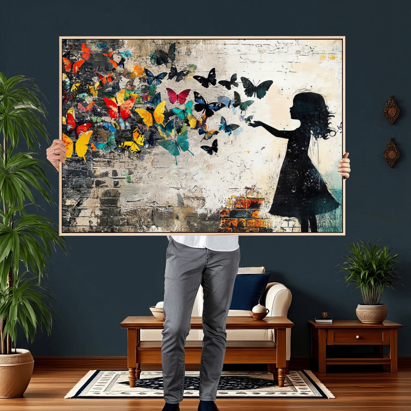 33909022-MGV-CV-36X24 - Banksy Butterfly Girl Wall Art Canvas Print, Framed Street Art Silhouette Graffiti Artwork, Colorful Butterfly Wall Decor for Living Room Bedroom Office