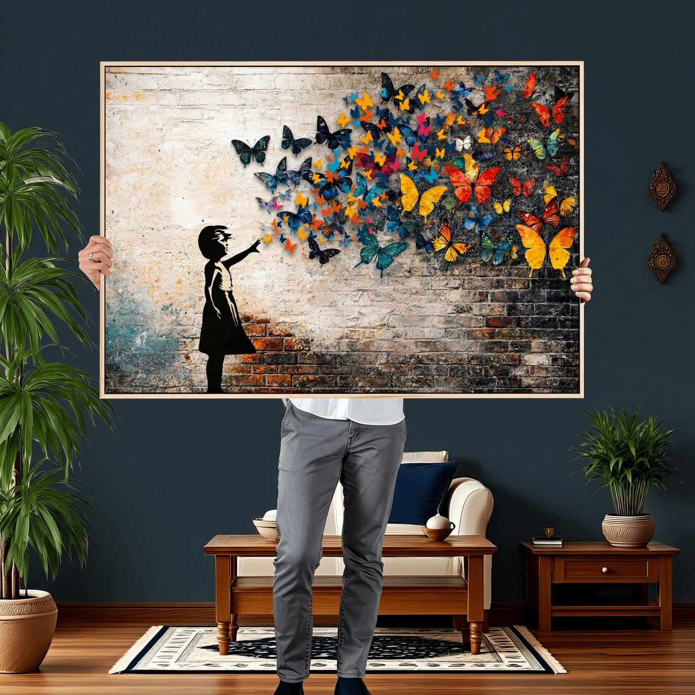 78760384-MGV-CV-36X24 - Banksy Graffiti Butterfly Girl Wall Art Canvas Print, Framed Street Art Canvas Print, Silhouette Butterfly Wall Art for Living Room Bedroom Office