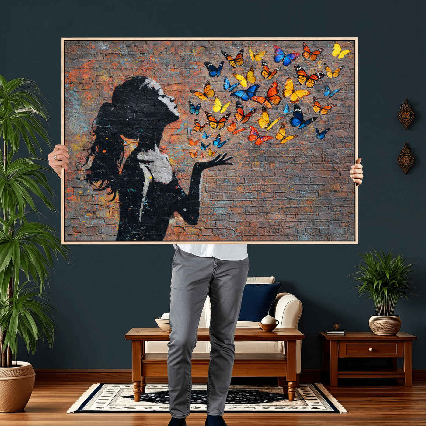 10555939-MGV-CV-36X24 - Urban Banksy Butterfly Girl Wall Art Canvas Print, Framed Street Art Canvas Print, Graffiti Silhouette Butterfly Wall Art for Living Room Bedroom Office