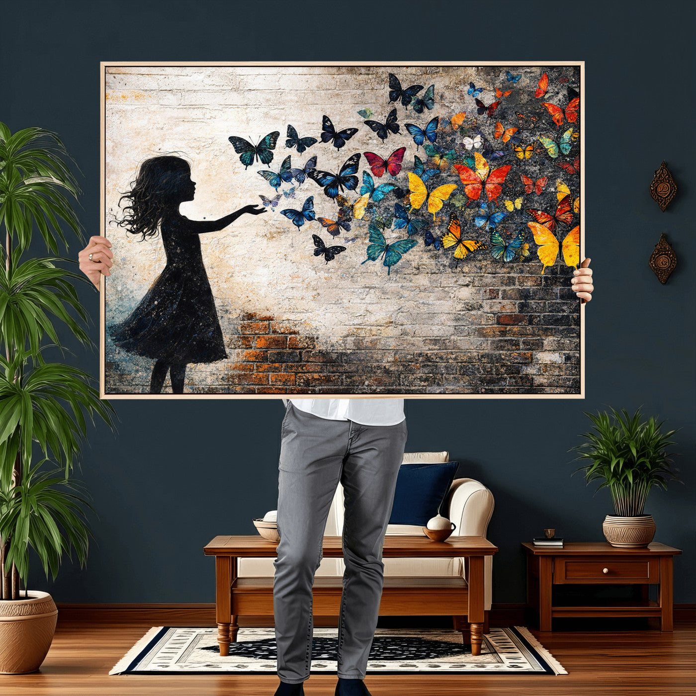 70522594-MGV-CV-36X24 - Banksy Butterfly Girl Wall Art Canvas Print, Framed Street Art Canvas Print, Graffiti Silhouette Butterfly Wall Art for Living Room Bedroom Office