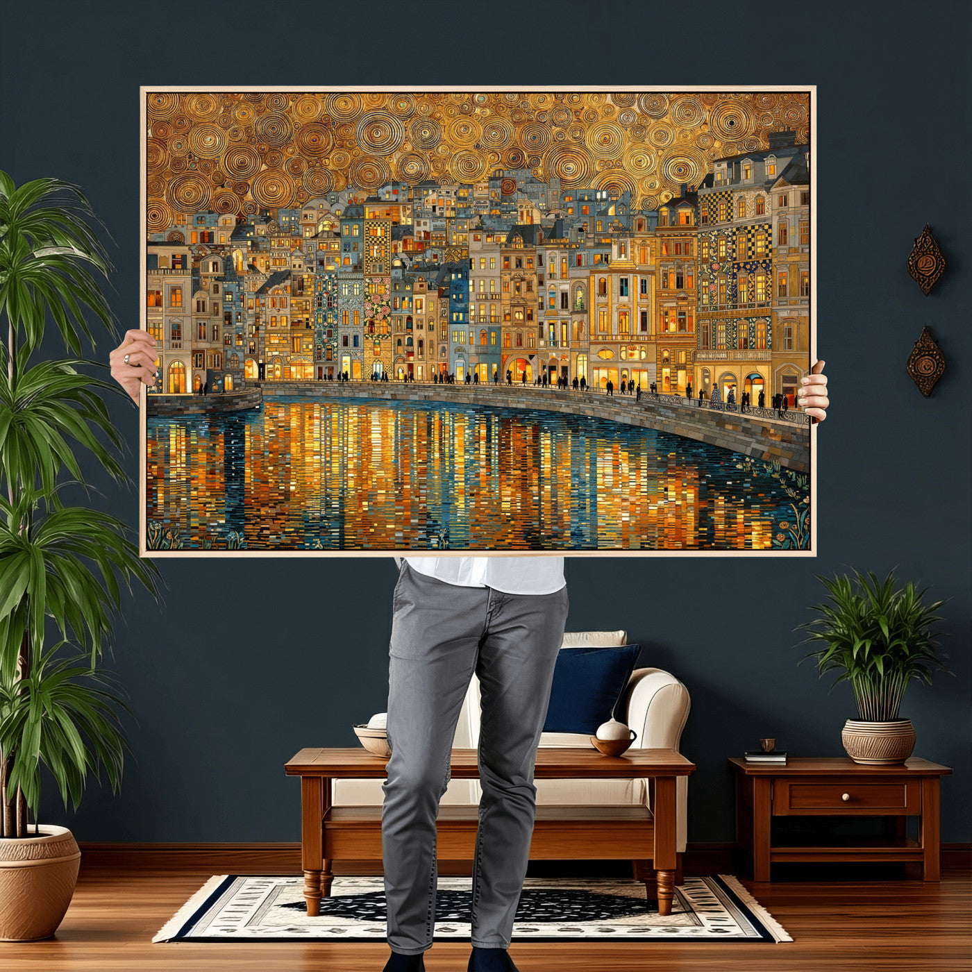 94022787-MGV-CV-36X24 - Gustav Klimt Golden Cityscape Wall Art Canvas Print, Framed River Town Landscape Artwork, Ornate Architecture Wall Decor for Living Room Bedroom Office