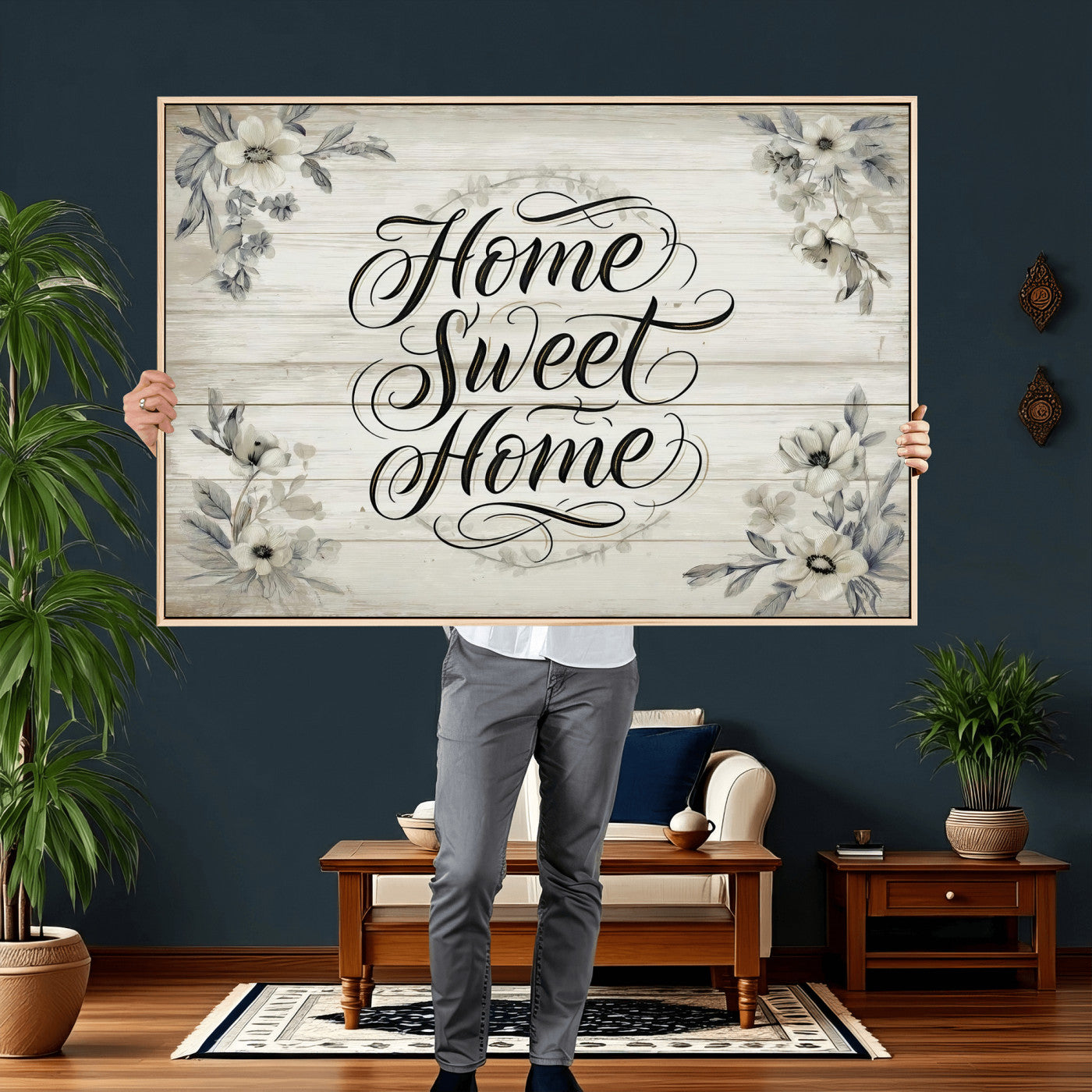 11120405-MGV-CV-36X24 - Home Sweet Home Wall Art Canvas Print, Floral Farmhouse Sign, Rustic Neutral Entryway Bedroom Living Room Decor