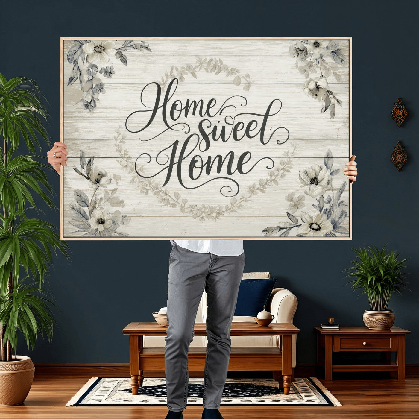 81157008-MGV-CV-36X24 - Home Sweet Home Wall Art Canvas Print, Floral Farmhouse Sign, Rustic Neutral Entryway Bedroom Living Room Decor