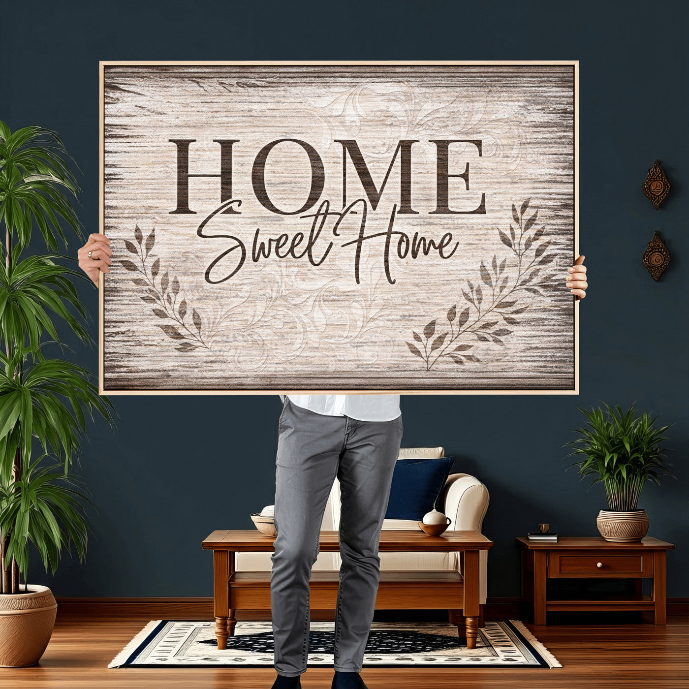 81157008S-MGV-CV-36X24 - Home Sweet Home Wall Art Canvas Print, Floral Farmhouse Sign, Rustic Neutral Entryway Bedroom Living Room Decor