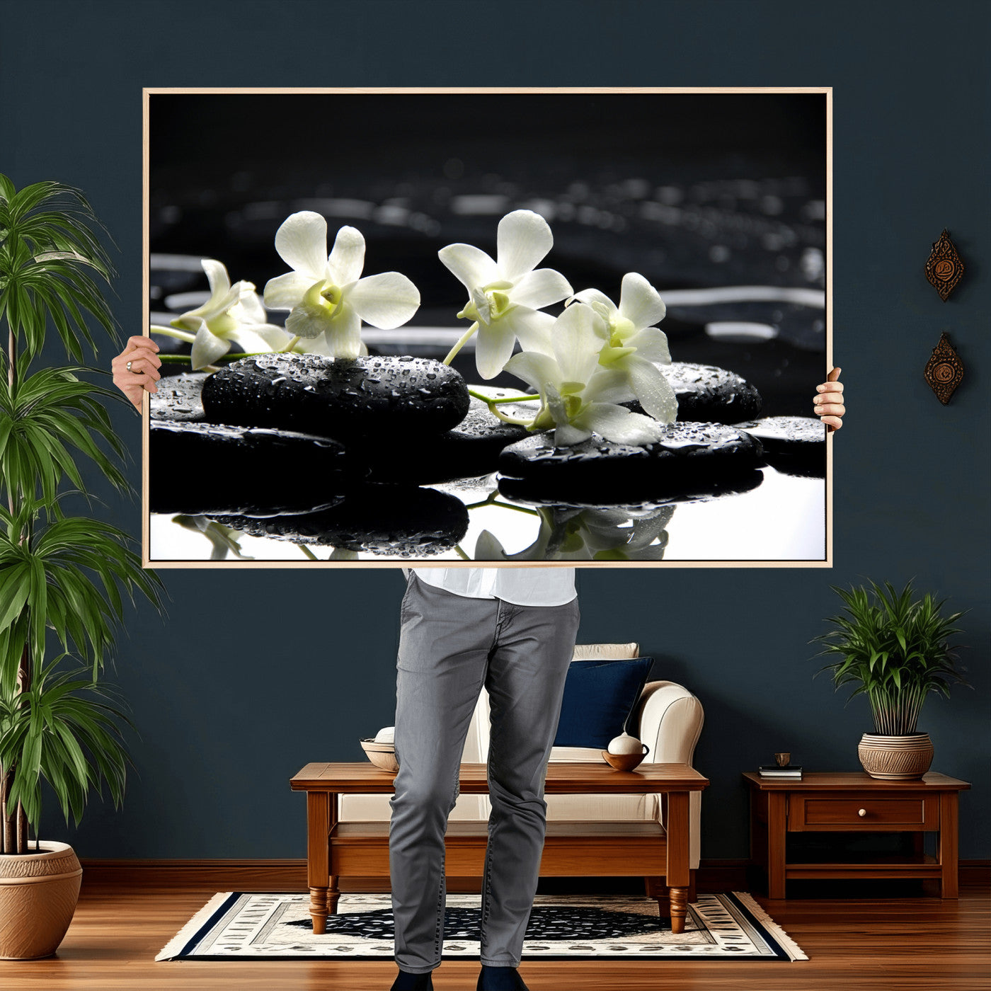 79486206-MGV-CV-36X24 - Plumeria Frangipani Black Stone Canvas | White Flower Spa Photography Print | Tropical Zen Wall Art | Grey Pebble Floral for Meditation Room Decor