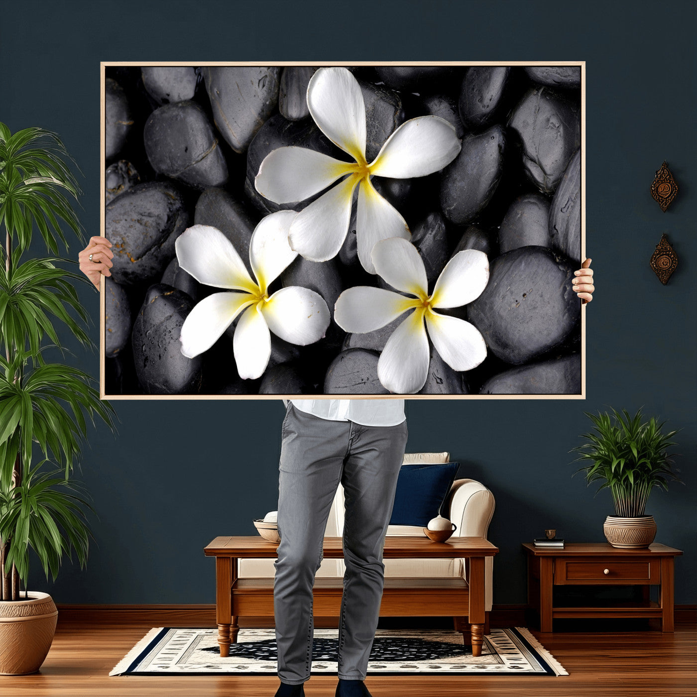 43639613-MGV-CV-36X24 - Plumeria Frangipani Black Stone Canvas | White Flower Spa Photography Print | Tropical Zen Wall Art | Grey Pebble Floral Decor