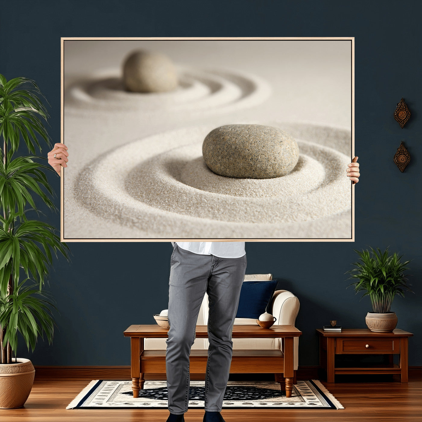 13397966-MGV-CV-36X24 - Zen Garden Stone Sand Canvas | Japanese Rock Garden Wall Art | Minimalist Meditation Print | Neutral Beige Mindfulness Decor