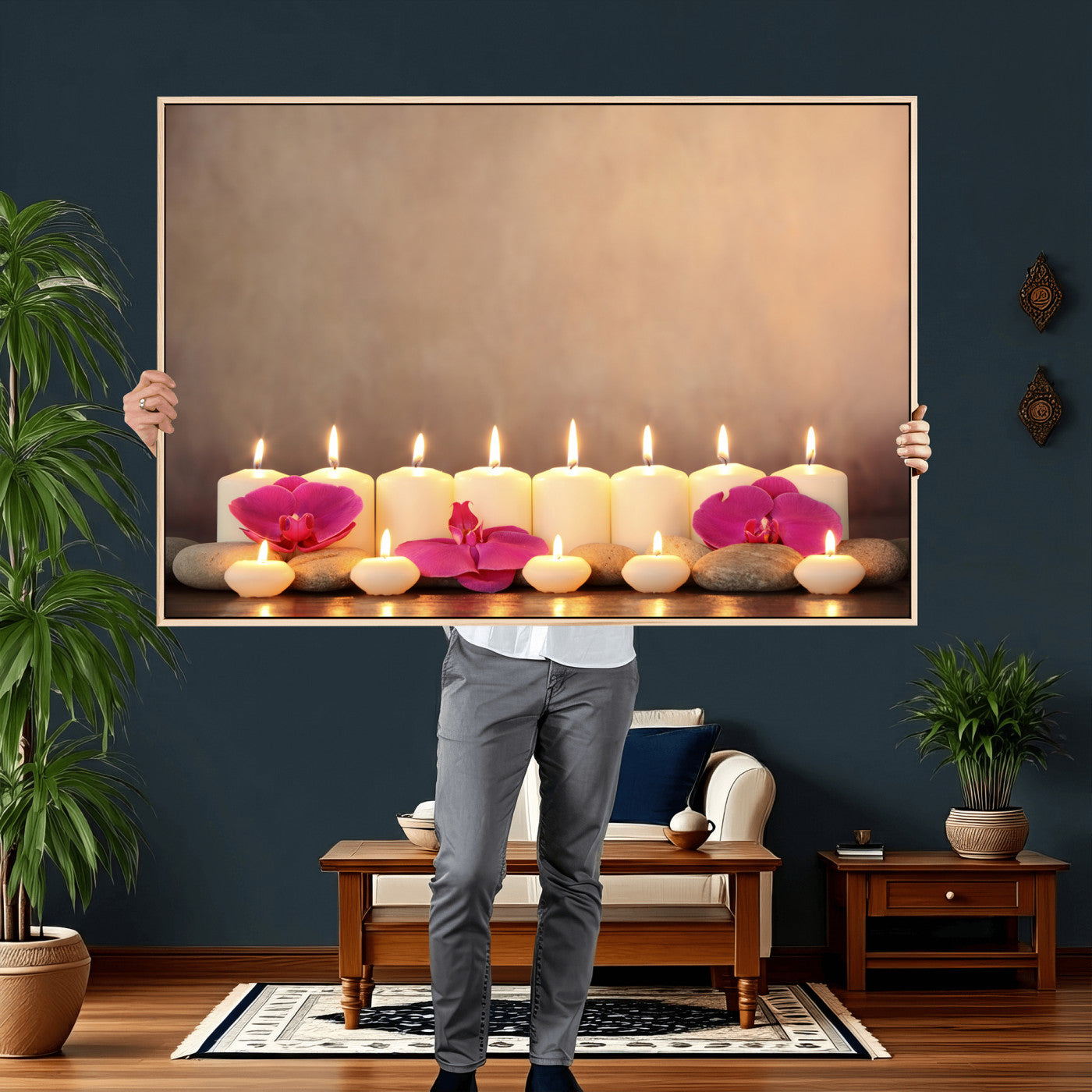 59470569-MGV-CV-36X24 - Spa Candles Orchid Canvas Print | Zen Wellness Relaxation Wall Art | Pink Flower Candlelight Bathroom Decor | Calm Beige Photography