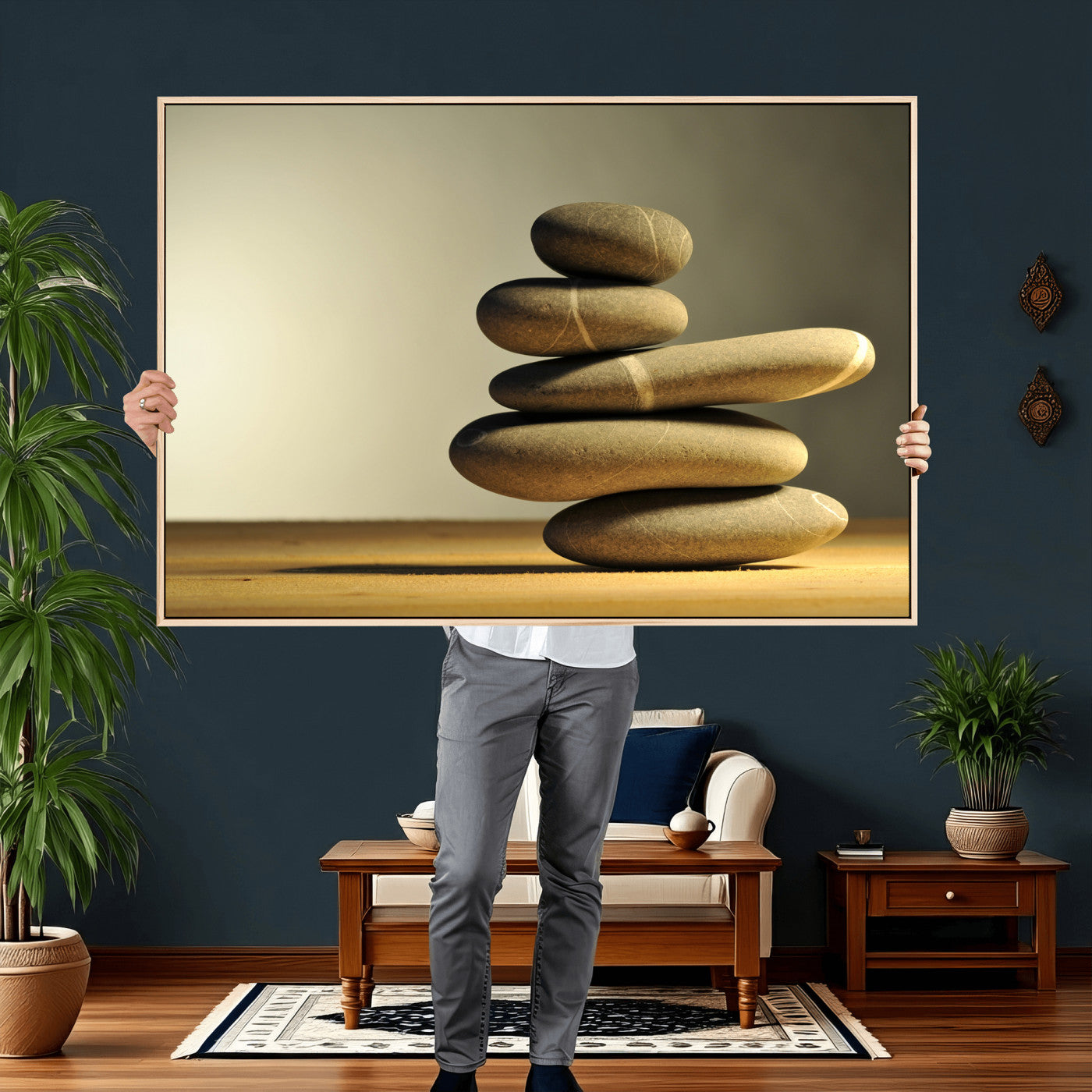 85424263-MGV-CV-36X24 - Zen Stone Wall Art Canvas Print, Balanced Rock Stack Framed Spa Artwork, Minimalist Meditation Decor for Living Room Bedroom Office Bathroom