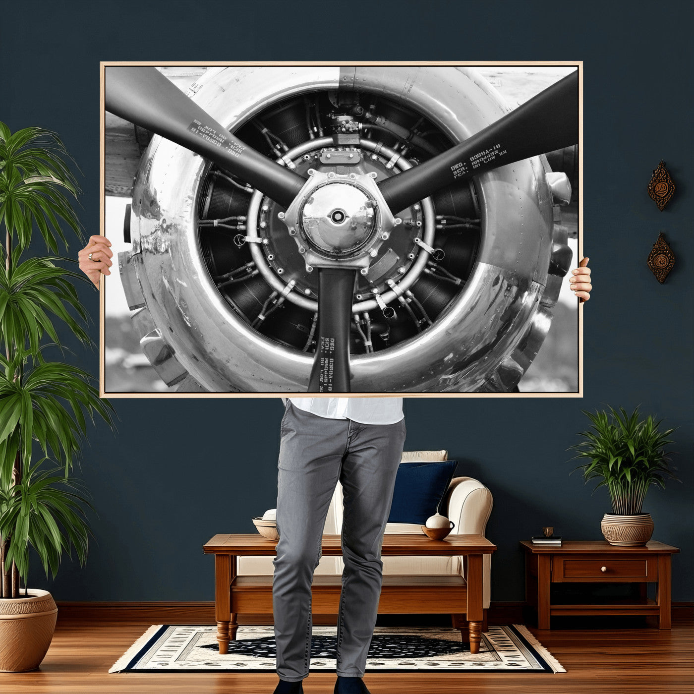 73322230-MGV-CV-36X24 - Vintage Propeller Plane Wall Art Canvas Print, Black and White Airplane Engine Close Up Framed Aviation Artwork for Pilot Office Hangar Decor