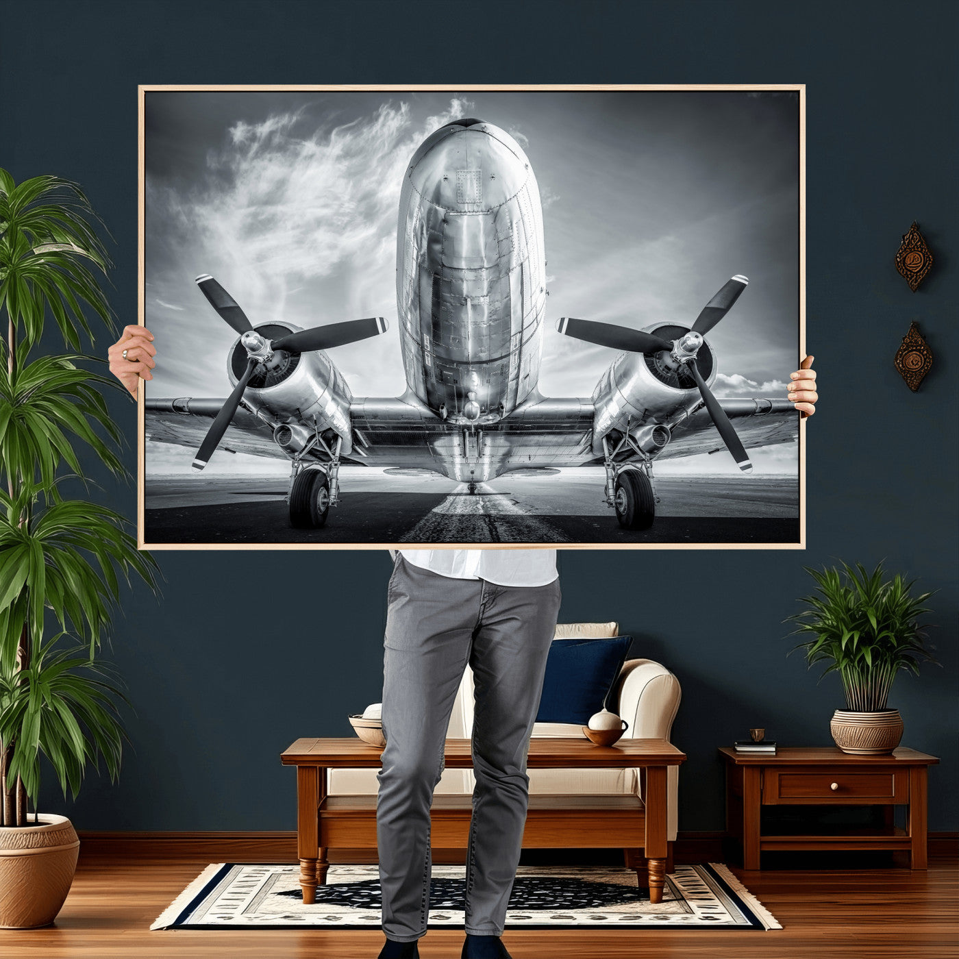 59729636-MGV-CV-36X24 - Vintage Propeller Plane Wall Art Canvas Print, Black and White Airplane Engine Close Up Framed Aviation Artwork for Pilot Office Hangar Decor