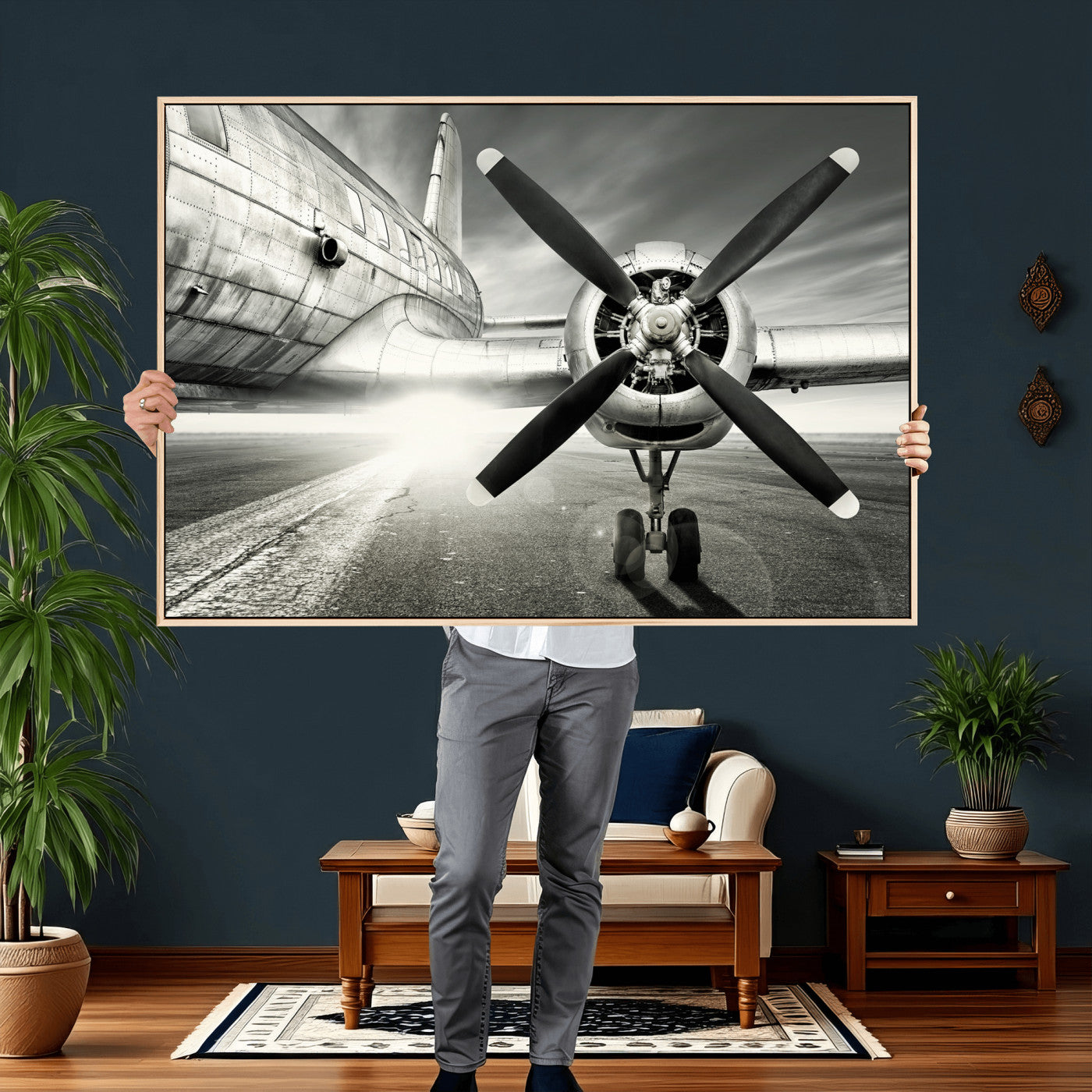 16420255-MGV-CV-36X24 - Vintage Airplane Wall Art Canvas Print, Black and White Propeller Aircraft Framed Aviation Artwork for Pilot Office Hangar Living Room Decor