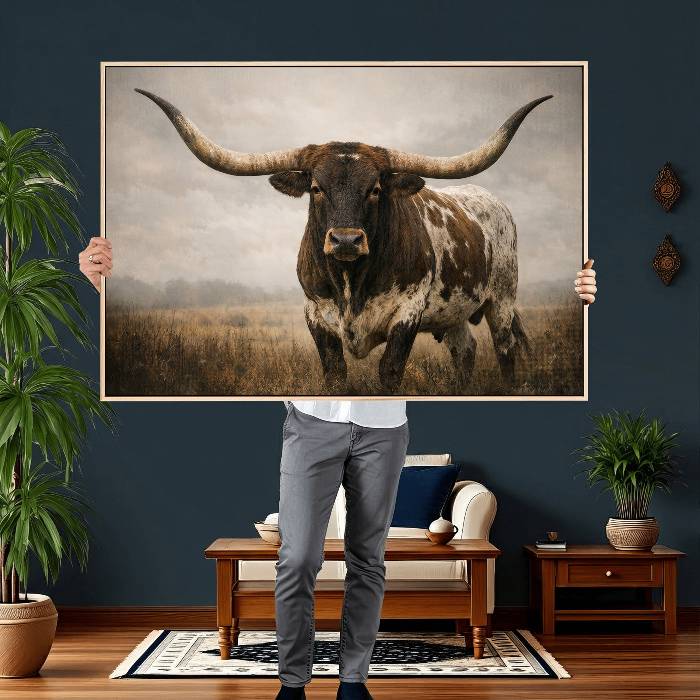 17622011L-MGV-CV-36X24 - Longhorn Bull Wall Art Canvas Print, Western Farmhouse Cowboy Decor, Rustic Texas Ranch Cattle Artwork for Living Room Bedroom Office, Framed Wall Decor