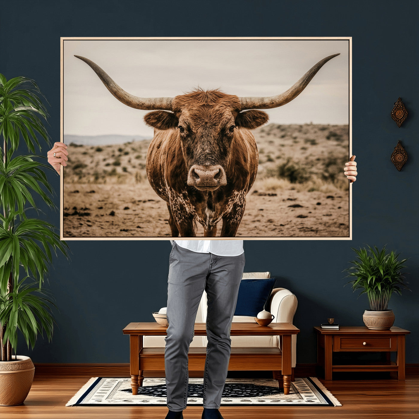 17622011K-MGV-CV-36X24 - Texas Longhorn Bull Wall Art Canvas Print, Western Farmhouse Cowboy Decor, Rustic Texas Ranch Cattle Artwork for Living Room Bedroom Office, Framed Wall Decor