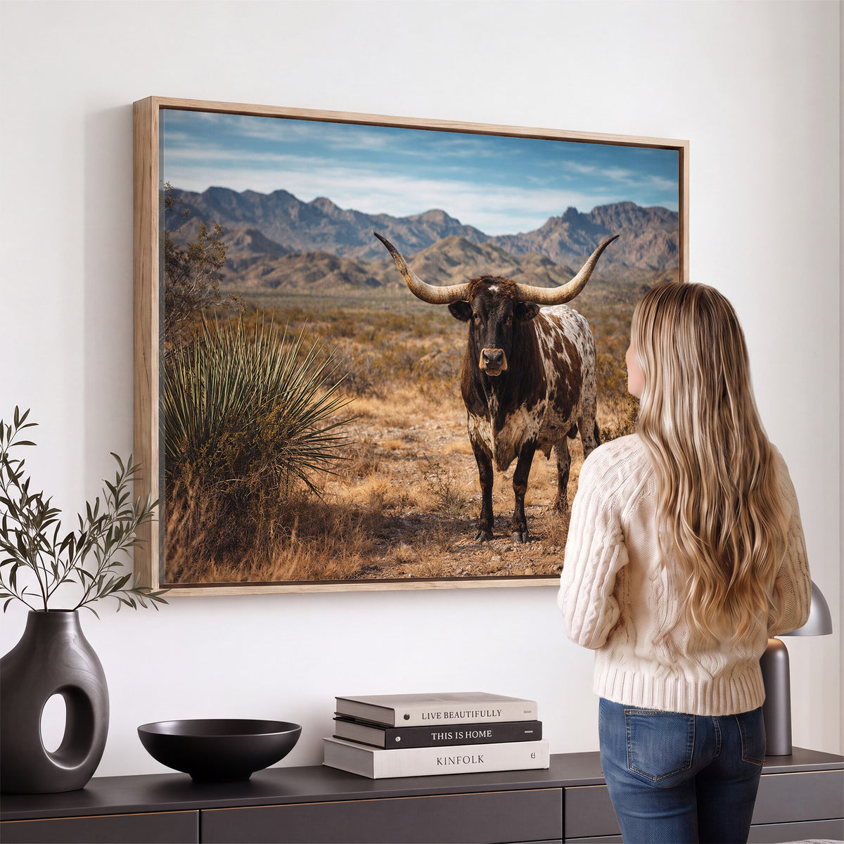 17622011S-MGV-CV-36X24 - Texas Longhorn Bull Wall Art Canvas Print, Western Farmhouse Cowboy Decor, Rustic Texas Ranch Cattle Artwork for Living Room Bedroom Office, Framed Wall Decor
