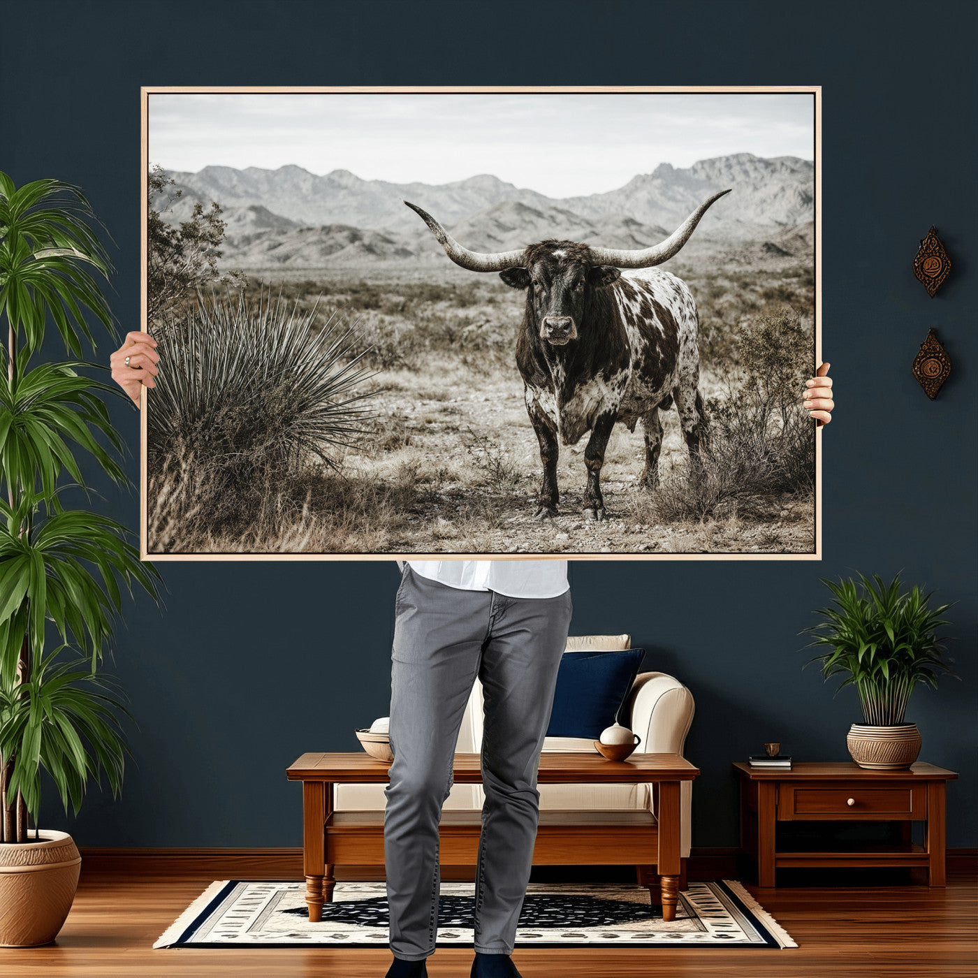 17622011H-MGV-CV-36X24 - Texas Longhorn Bull Wall Art Canvas Print, Western Farmhouse Cowboy Decor, Rustic Texas Ranch Cattle Artwork for Living Room Bedroom Office, Framed Wall Decor