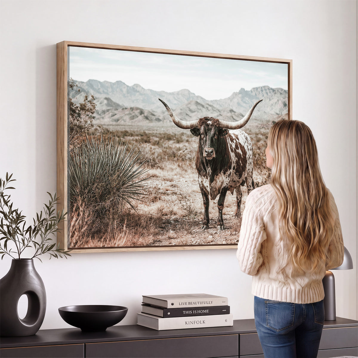 17622011H-MGV-CV-36X24 - Texas Longhorn Bull Wall Art Canvas Print, Western Farmhouse Cowboy Decor, Rustic Texas Ranch Cattle Artwork for Living Room Bedroom Office, Framed Wall Decor