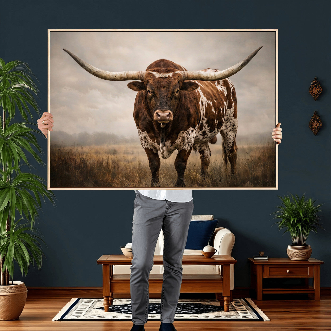 25239047-MGV-CV-36X24 - Texas Longhorn Canvas Wall Art Western Bull Desert Moody Grey Overcast Rustic Farmhouse Framed Large for Living Room Bedroom Office Decor