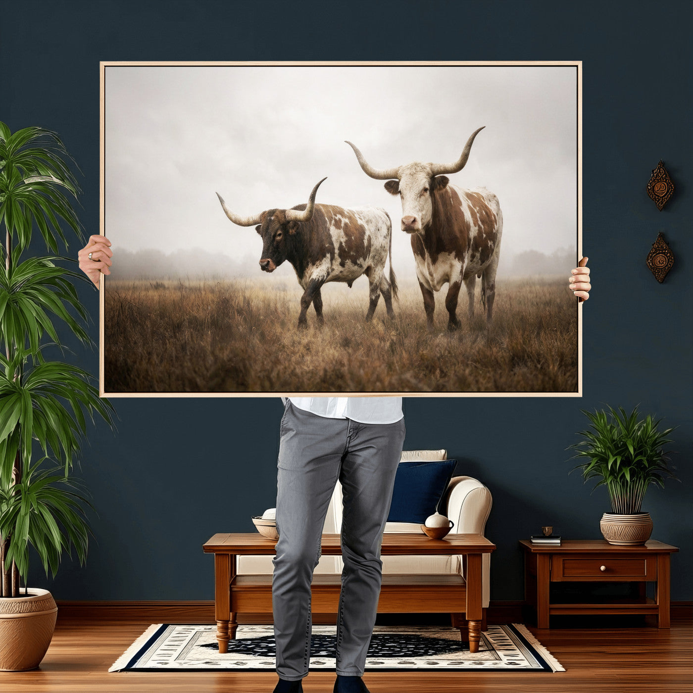 92881702-MGV-CV-36X24 - Texas Longhorn Canvas Wall Art Western Bull Desert Moody Grey Overcast Rustic Farmhouse Framed Large for Living Room Bedroom Office Decor