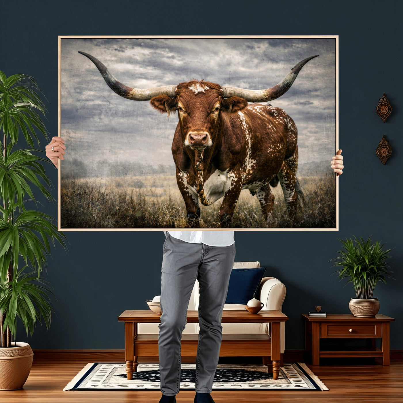 14372769-MGV-CV-36X24 - Texas Longhorn Canvas Wall Art Western Bull Desert Moody Grey Overcast Rustic Farmhouse Framed Large for Living Room Bedroom Office Decor