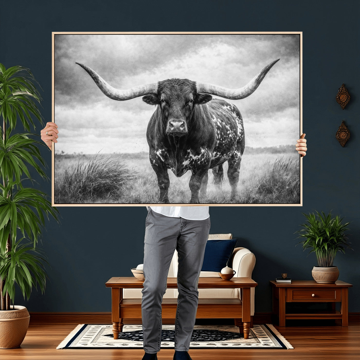 19951238-MGV-CV-36X24 - Texas Longhorn Canvas Wall Art Western Bull Desert Moody Grey Overcast Rustic Farmhouse Framed Large for Living Room Bedroom Office Decor