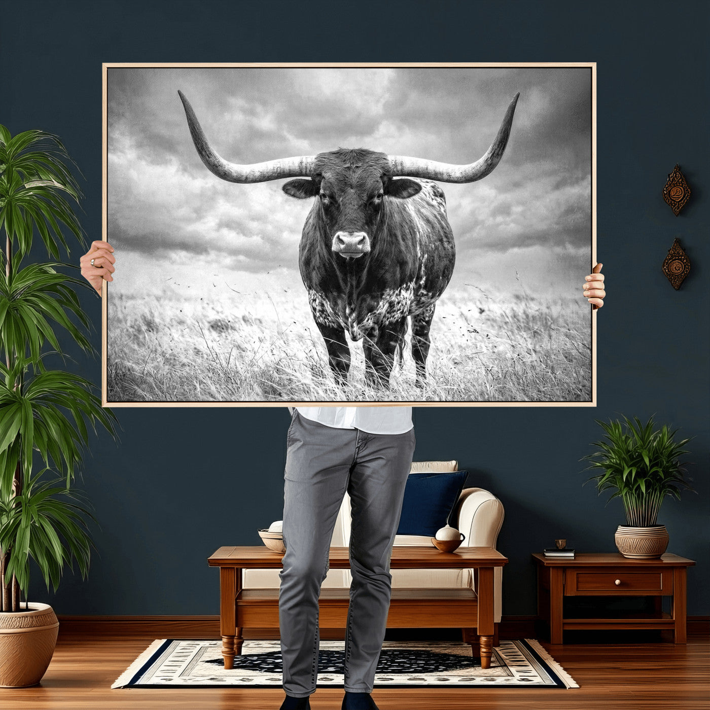 63336115-MGV-CV-36X24 - Texas Longhorn Canvas Wall Art Western Bull Desert Moody Grey Overcast Rustic Farmhouse Framed Large for Living Room Bedroom Office Decor