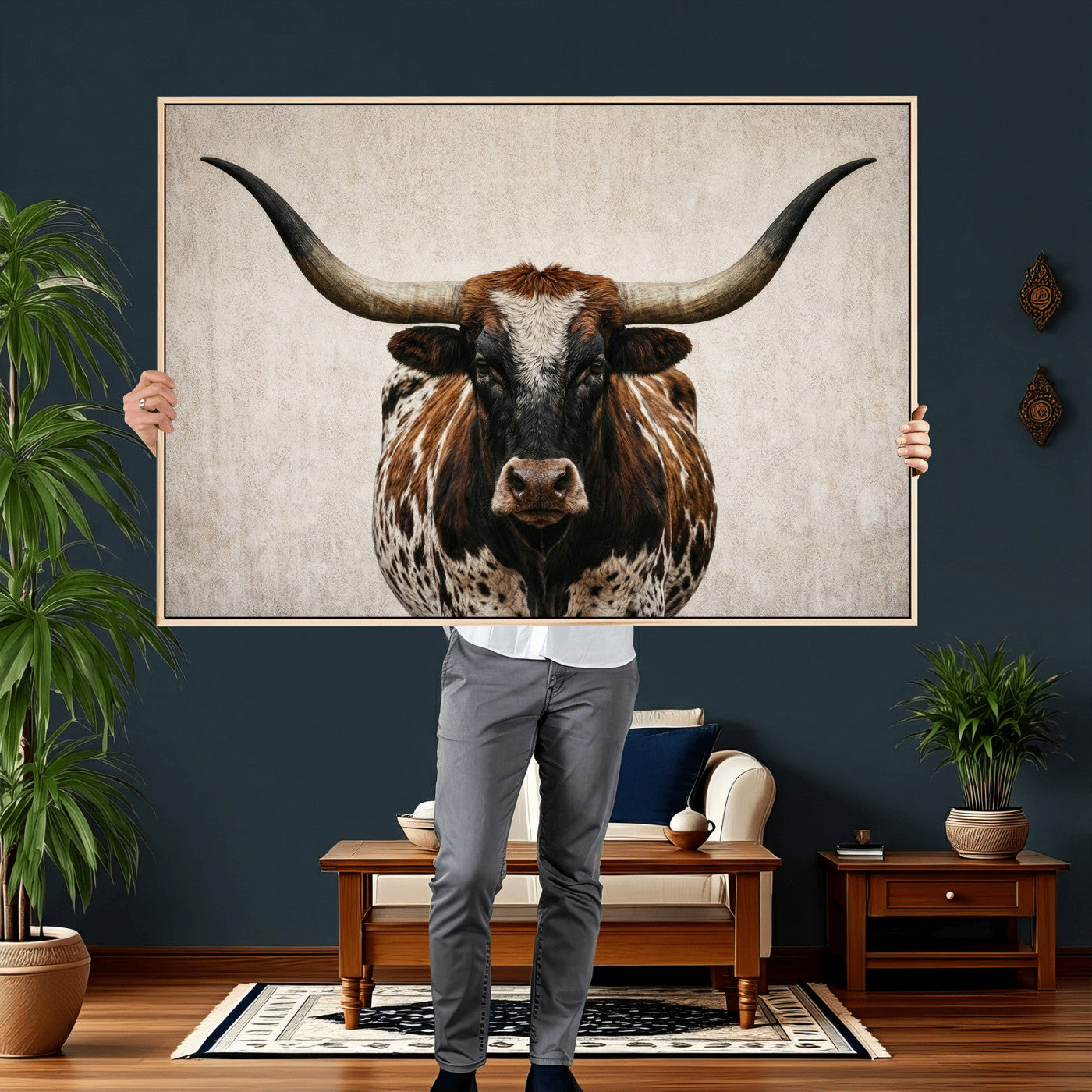 58622065-MGV-CV-36X24 - Texas Longhorn Canvas Wall Art Western Bull Desert Moody Grey Overcast Rustic Farmhouse Framed Large for Living Room Bedroom Office Decor
