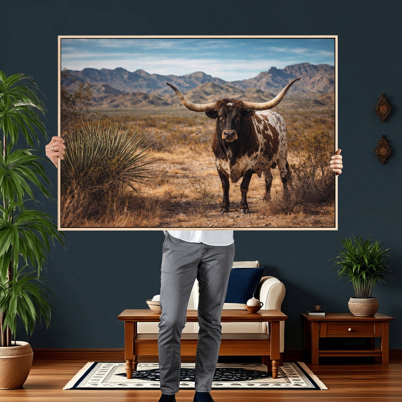 26448918-MGV-CV-36X24 - Texas Longhorn Canvas Wall Art Western Bull Desert Moody Grey Overcast Rustic Farmhouse Framed Large for Living Room Bedroom Office Decor