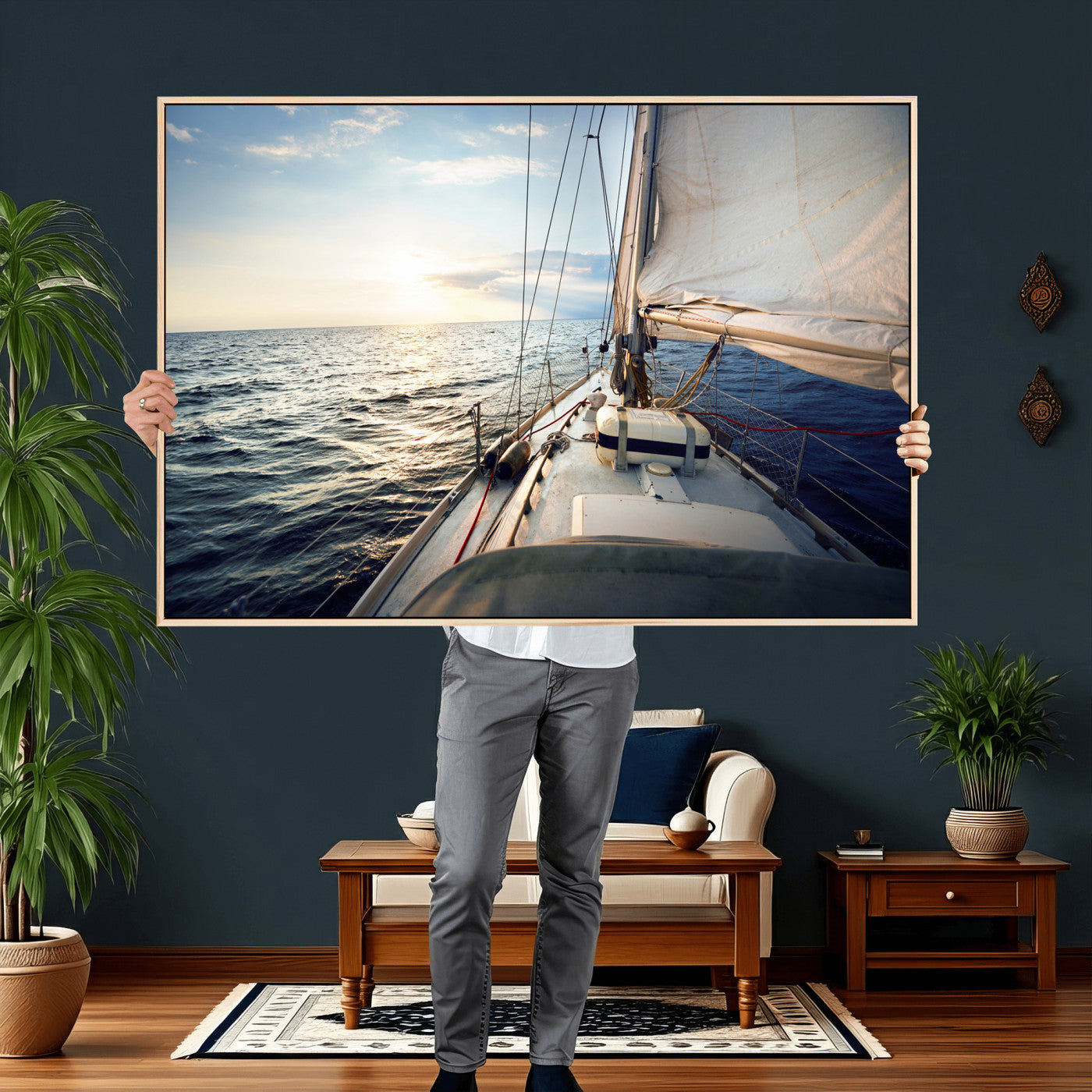 76381335-MGV-CV-36X24 - Sailboat Wall Art Canvas Print, Ocean Sunset Sailing Framed Artwork, Coastal Nautical Seascape Decor for Living Room Office Beach House