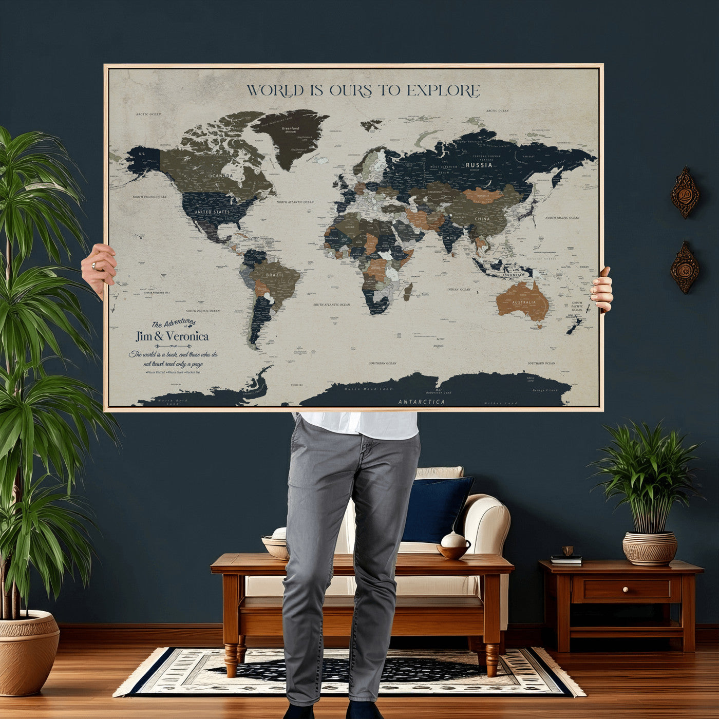64110391126C-MGV-CV-36X24 - Custom Push Pin World Map Wall Art Canvas Print – Personalized Travel Tracker with Pins Framed Large for Home and Office Decor