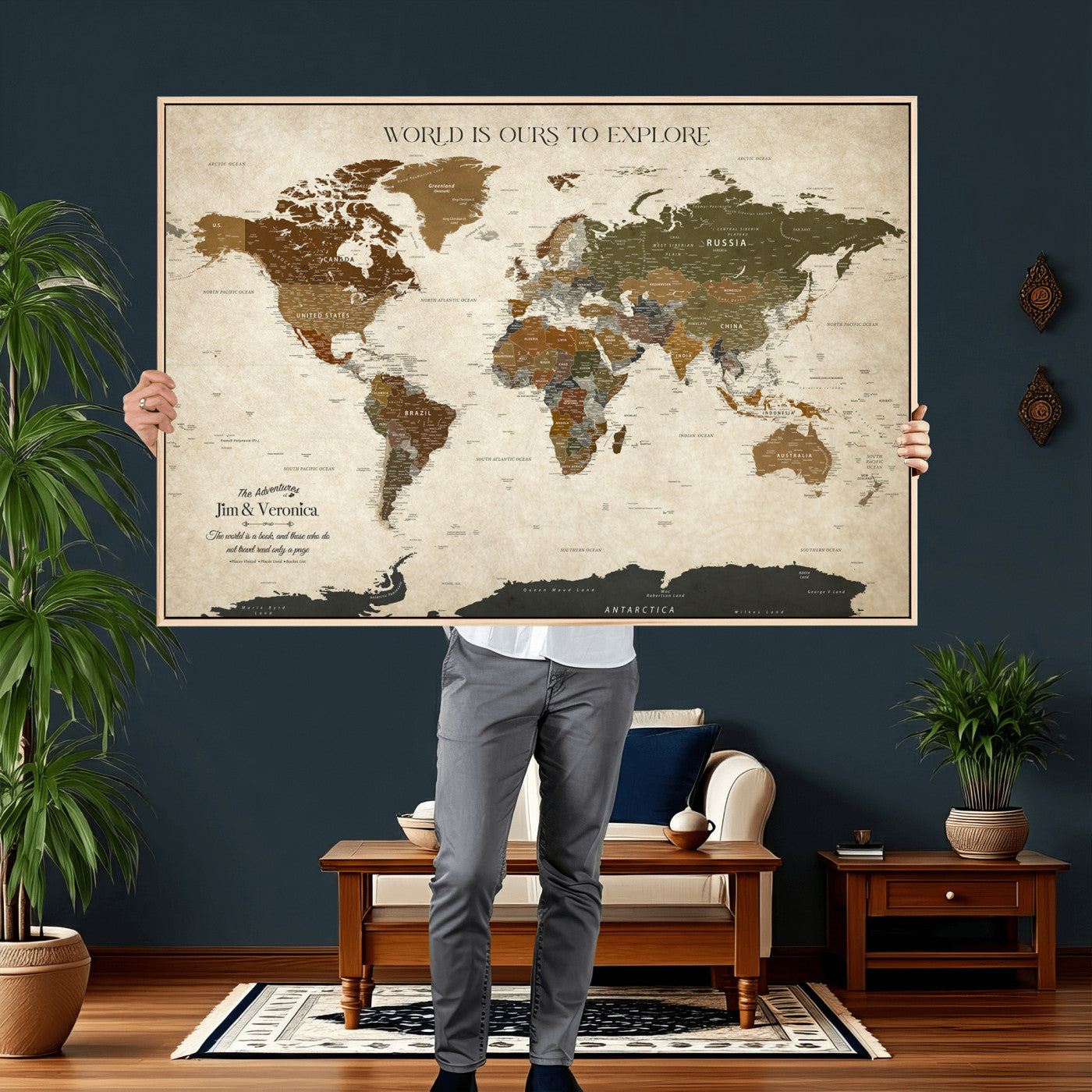 64110391126O-MGV-CV-36X24 - Custom Push Pin World Map Wall Art Canvas Print – Personalized Travel Tracker with Pins Framed Large for Home and Office Decor
